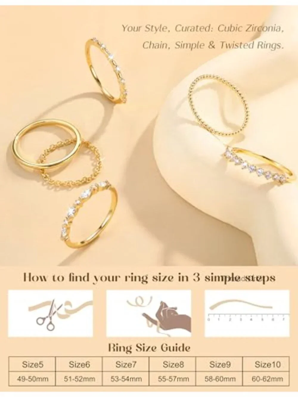 Dainty Stackable Ring Set, 14K Gold Plated, Cubic Zirconia, 6 Rings
